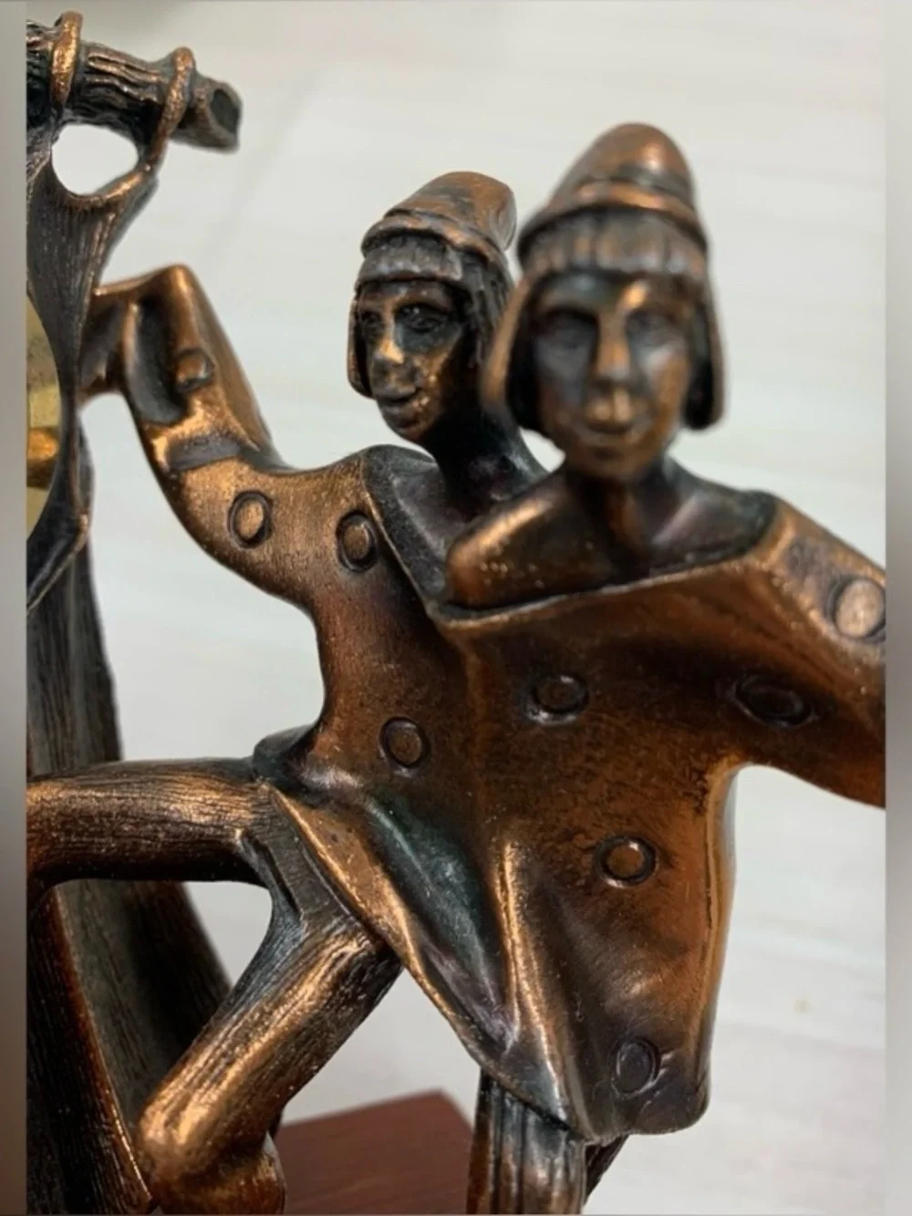 Vintage Russian Bronze Tone Folk Dancers Mantel Clock Sculpture